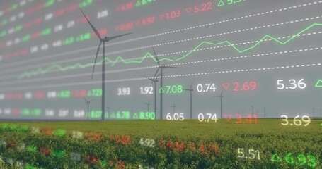 Poster - After meadow and turbines appear, data overlay streaming tickers and graph showing market trends