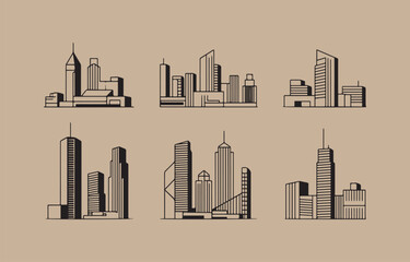 Poster - Six unique city skyline illustrations black and white