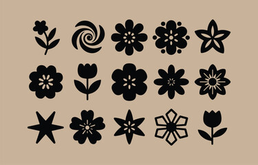Poster - Collection of black and white floral and star icons