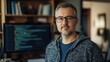© Daiki - A portrait of a middle-aged Eastern European male in casual attire, showcasing his confidence in a tech workspace, with coding displayed on the screen behind him.