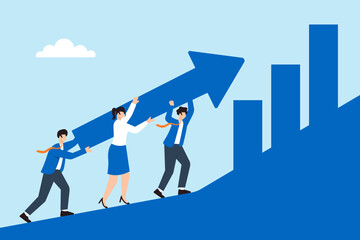 Poster - Flat illustration of business marketing team pushing large arrow icon up steep ranking chart hill for growth and performance success
