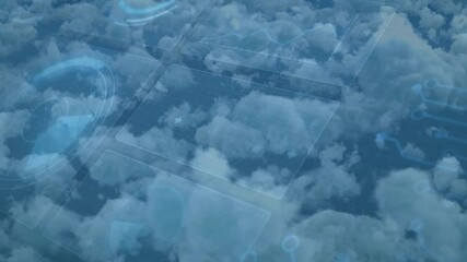 Poster - Cloud interface activating panels sliding across clouds, code flowing, ring rotating, icons pulsing