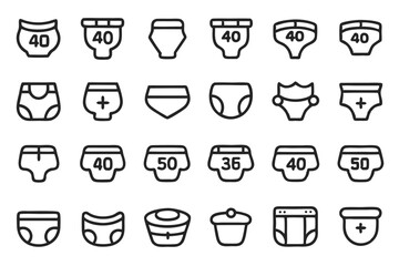 Poster - Editable stroke outline icons set of diaper features isolated on transparent background