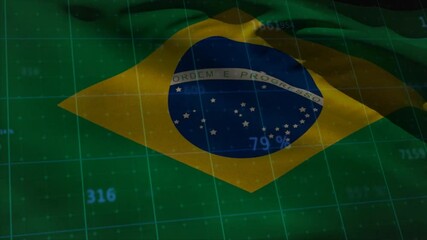 Poster - Emerging Brazilian flag rippling over grid and numeric overlays flickering to show financial data