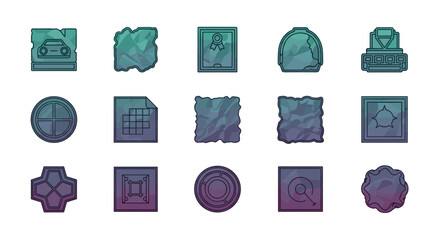 Poster - Collection of various framed images and icons with a gradient color scheme and varied geometric shapes