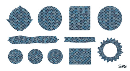Poster - Various shapes filled with blue scale patterns arranged on a white background design set up nicely