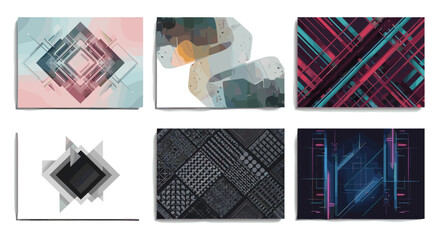 Fototapete - Collection of six abstract paintings featuring geometric shapes and varied color palettes displayed together
