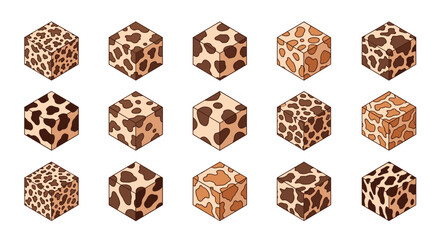Fototapete - Isometric blocks with various animal print patterns arranged on a white background surface view