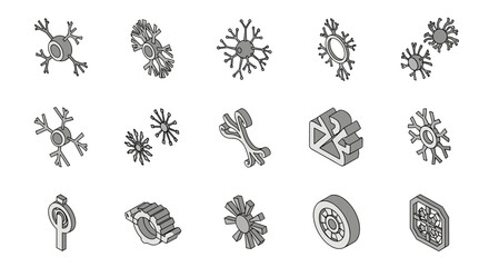 Poster - Isometric drawings of various abstract shapes and designs in a grid like arrangement on a white background