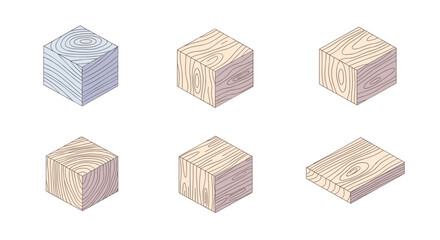 Poster - Isometric illustration of six wooden blocks with varying wood grain patterns and light color variations
