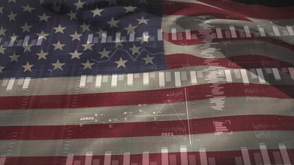 Poster - Gentle flag waving initiating translucent bars fading in, grid emerging, line graph labeling years