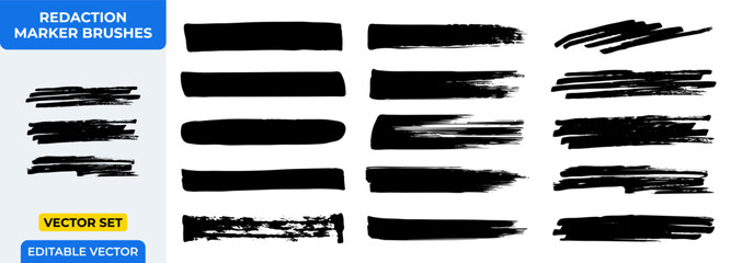 Redaction Marker Brushes Vector Set: Hand-Drawn Black Strokes, Grunge Highlights, and Abstract Underline Elements