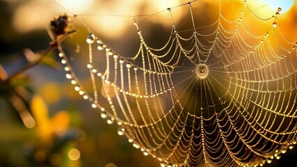Delicate spiderweb covered in dewdrops, illuminated by morning sunlight in a natural outdoor setting with soft, golden bokeh.