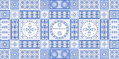 Naklejka na meble A mosaic of blue and white tiles with intricate patterns floral motifs geometric shapes and the words Medtee Ranean in the
