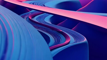 Poster - Winding road through vibrant blue and pink hills creates a surreal landscape, 3D of a blue and pink pin landscape with a road winding through it