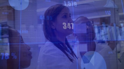 Poster - Lead researcher touching transparent display chart animating digits for tracking data trends