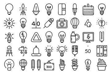 Poster - Collection of line icons depicting light bulbs lamps glass and energy sources isolated on transparent background