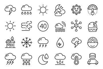 Poster - Set of line icons depicting climate weather warm cloud symbols isolated on transparent background