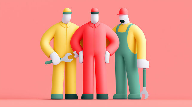 Three 3D Rendered Workers with Wrenches, Teamwork and Collaboration Concept