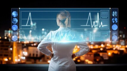 Poster - Visionary View: A female medical professional stands tall, observing a sophisticated display of medical data with futuristic appeal. Overlooking an evening city.
