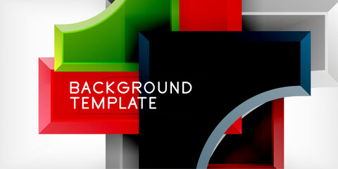 Fototapete - Abstract geometric shapes overlap black background. Bright colors create modern design, suitable for presentations or graphics.