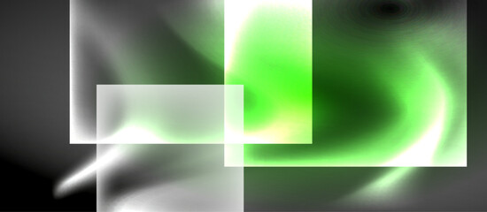 Poster - Abstract composition featuring luminous rectangles, gradients, soft edges. Dark background enhances vibrant green, white hues. Minimalist design.