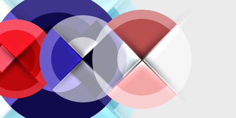 Poster - Abstract composition featuring overlapping circles, squares, vibrant colors. Minimalist design with gradients, shadows, black background.
