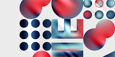 Aufkleber - Abstract composition featuring colorful spheres, lines, geometric shapes. Minimalist design with red, blue hues against dark background.