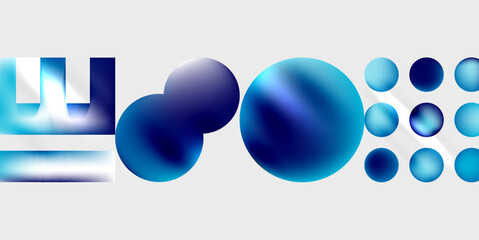Poster - Abstract shapes, varying blues, gradients present. Minimalist design, modern aesthetic, clean composition. Light background contrasts dark elements.