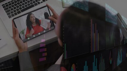 Poster - woman launching finance call on tablet for reviewing data, presenter pointing doc as charts appear
