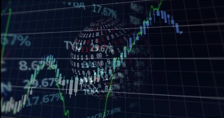 Poster - Dark grid fading in binary globe rotating candlestick chart rising blue line visualizing stocks