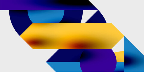 Aufkleber - Abstract geometric shapes overlap, creating vibrant color gradients. Composition features blues, purples, yellows against black background.