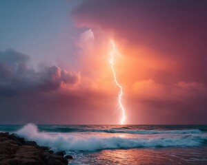 Aufkleber - Dramatic Lightning Bolt Striking Turbulent Ocean at Sunset with Crashing Waves and Rocky Shore for Emergency Preparedness and Environmental Awareness
