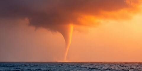 Poster - Dramatic waterspout tornado over turbulent sea at sunset, highlighting oceanic weather hazards and marine safety in extreme conditions for educational use