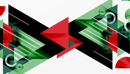 Aufkleber - Abstract geometric design. Red, green, black shapes overlap. Modern composition with circles, lines, triangles. Clean aesthetic.