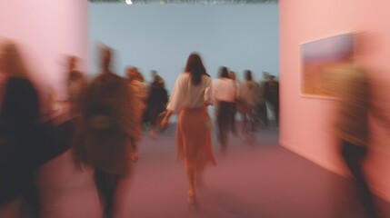 Poster - Blurred Motion Crowd at Modern Trade Show Corridor with Dynamic Depth and Structural Ceiling Elements Representing Business Momentum and Industry Innovation