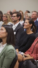 Poster - Engaged business audience with genuine expressions at professional corporate event showcasing knowledge sharing and development in modern networking setting