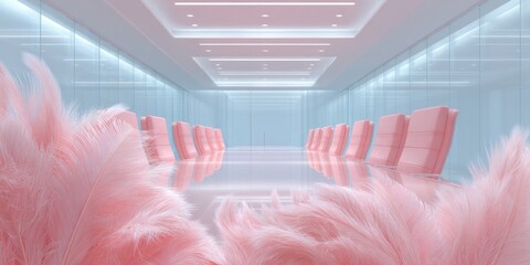 Aufkleber - Modern pastel pink conference room with glass walls and sleek minimalistic design for creative corporate meetings and inspiring workspaces