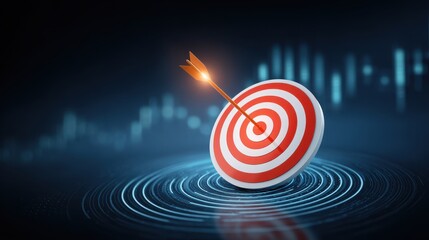 Poster - A target with a glowing arrow, set against a dark background with abstract data patterns, symbolizes precision and goal achievement.
