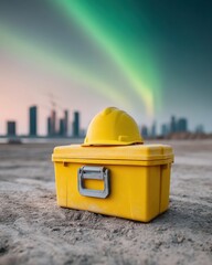 Aufkleber - Construction site first aid kit and safety helmet with city skyline and northern lights background emphasizing emergency preparedness and workplace safety