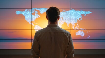 Aufkleber - A person gazes at a digital world map against a sunset backdrop, symbolizing global connection and technology.