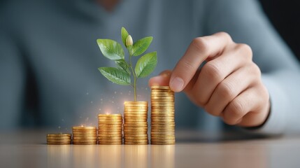 Poster - A hand places a coin on a stack, with a green plant growing from the top, symbolizing growth and investment in finance.