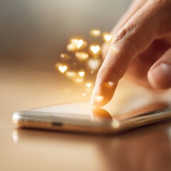 Aufkleber - Close-Up of Finger Touching Smartphone Screen with Floating Heart Icons Symbolizing Social Media Engagement and Real-Time Online Interaction Trend