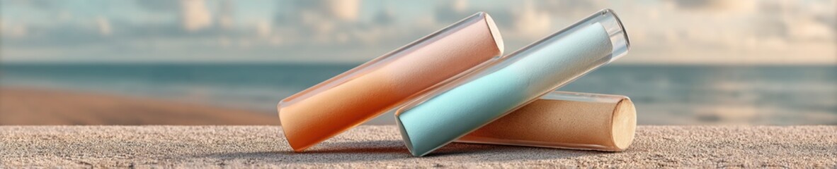 Poster - Minimalist cosmetic balm sticks with transparent caps and pastel tones displayed on natural cork by the beach - modern skincare branding and summer lifestyle trend