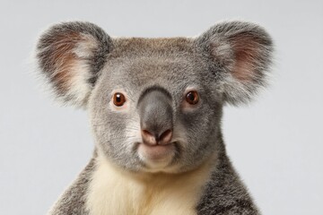 Poster - Close-Up Portrait of Mature Male Koala with Detailed Fur and Ear Tufts on Plain Background for Wildlife Conservation and Eco Awareness