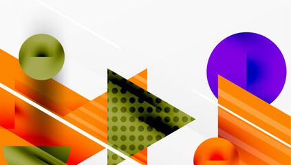 Fototapete - Abstract geometric shapes overlap, creating vibrant composition. Orange, purple, green dominate design. Lines add dynamic feel.