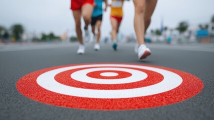Poster - Runners sprinting over a red and white target symbol on a road, emphasizing speed and focus in a competitive environment.