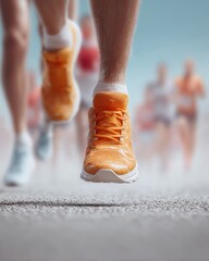Poster - Dynamic orange running shoes in marathon race close-up on asphalt with urban fitness trend, sharp contrast, bold palette, and energetic competitive spirit