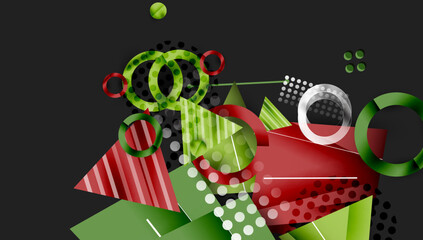 Aufkleber - Abstract geometric composition. Red, green elements overlap, creating dynamic visual texture. Circles, triangles dominate design.