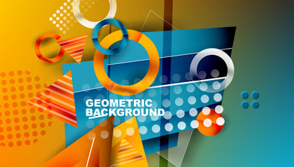 Aufkleber - Abstract geometric composition. Vibrant colors, overlapping shapes create modern design. Polka dots, triangles, circles present dynamic visual effect.